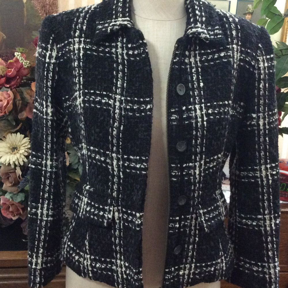 Victoria's Secret Black White Tweed Blazer Size 2 Wool Viscose